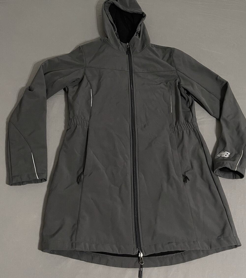 New Balance Long Hooded Softshell Jacket Womens M Gray Fleece Lined Coat Exc